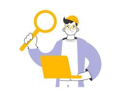 The guy holds a magnifying glass and a laptop in his hands. Job Search Theme. H.R. Linear style. Isolated. Vector. vector