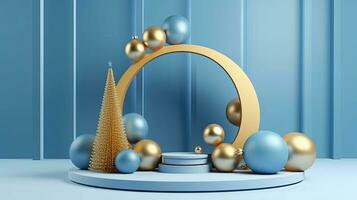 3D Render of Blue Podium Adorned with Gold Arch Christmas Tree Decorations, AI Generated photo