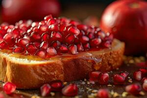 Pomegranate toast, macro shot of a fresh breakfast with Dripping Honey, AI Generated photo