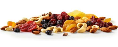 Footer of mix dry fruit on white background, AI Generated photo
