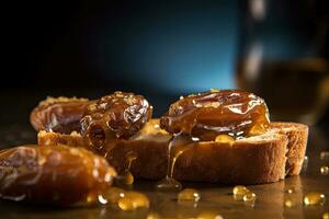 Saudi Arab Dates toast, macro shot of a fresh breakfast with Dripping Honey, AI Generated photo