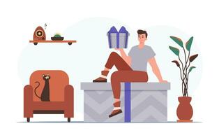 Holiday greetings concept. A man holds a festive gift box in his hands. vector