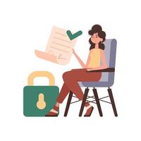 The girl sits in a chair and holds a document in her hands. Data protection. Smart contract. Trend style character. vector