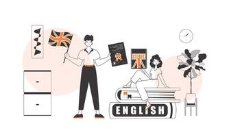 Guy and girl English teacher. The concept of learning a foreign language. Linear modern style. vector