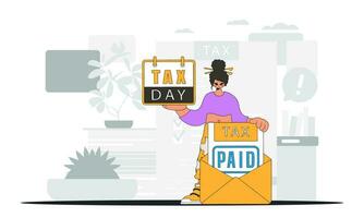 A cultured girl holds a calendal in her hand. TAX day. An illustration demonstrating the importance of paying taxes for economic development. vector