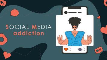 Internet addiction banner. A man is sad because of the lack of reactions and likes in social networks. vector