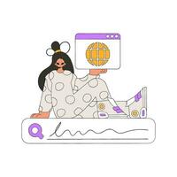 The girl sits on the search line and holds a web browser in her hands. Search for the necessary information on the Internet. Linear retro style character. vector