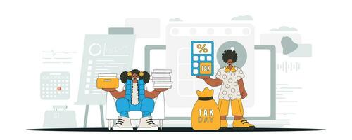 Fashionable girl and guy demonstrate paying taxes. An illustration demonstrating the importance of paying taxes for economic development. vector