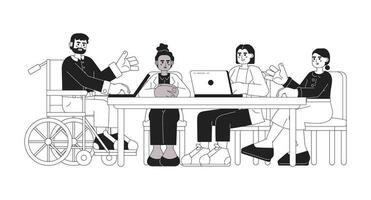 Diverse meeting work black and white cartoon flat illustration. Diversity people discussion linear 2D characters isolated. Brainstorming employees. Coworkers boardroom monochromatic scene vector image