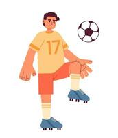 Talented football player semi flat color vector character. Man kicking ball with knee. Team game, training. Editable full body person on white. Simple cartoon spot illustration for web graphic design