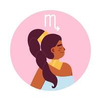 Escorpión mujer zodíaco firmar plano redondo vector Mancha ilustración. atractivo afro muchacha. trenza 2d dibujos animados personaje en blanco para web ui diseño. astrología aislado editable creativo héroe imagen