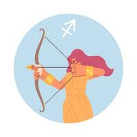 Archery flat round vector spot illustration. Brave woman holding bow 2D cartoon character on white for web UI design. Sagittarius zodiac isolated editable creative hero image