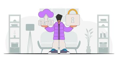 Man with cloud and lock, modern vector illustration.