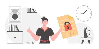 Data protection concept. Smart contract. A man holds a contract in his hand. vector