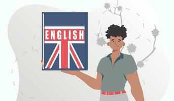 el concepto de aprendizaje inglés. un hombre sostiene un Inglés diccionario en su manos. de moda estilo. vector. vector