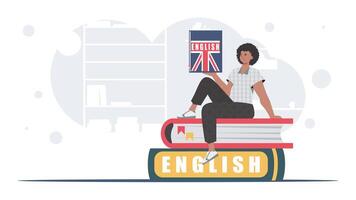 el concepto de aprendizaje inglés. un hombre se sienta en libros y sostiene un Inglés diccionario en su manos. de moda estilo. vector. vector