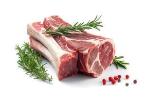 Lamb Ribs meat and herbs isolated on white, Generative AI photo