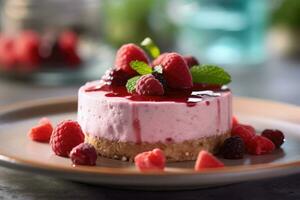 Slice of raspberry cheesecake on a plate, AI Generated photo