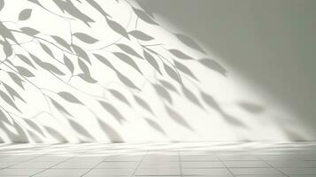 Abstract background with blurred leaf shadows on white wall perfect for product presentation, AI Generated photo