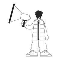 Efficient HR specialist man holding a megaphone in his hands. HR topic. Linear black and white style. vector