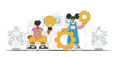 A presentable team solves problems and generates ideas. Light bulb and gears in their hands. Idea concept. trendy character. vector