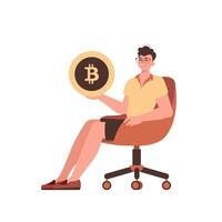 el chico se sienta en un silla y sostiene un bitcoin en su manos. personaje en de moda estilo. vector