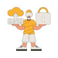 Person using cloud storage with security lock. vector