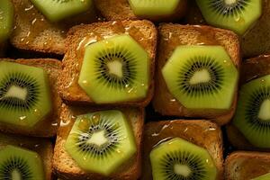 kiwi tostada, macro Disparo de un Fresco desayuno con goteo Miel, ai generado foto