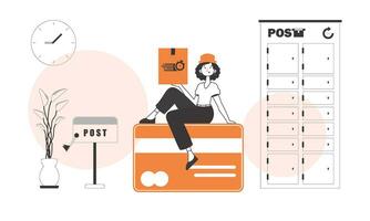 The girl sits on a bank card and holds a parcel. Delivery concept. Linear style. vector