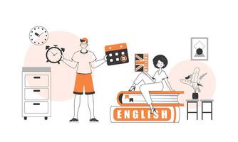 The guy and the girl helps teaches English. The concept of learning a foreign language. Linear style. vector