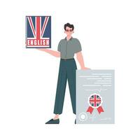 A man holds an English dictionary and a certificate in his hands. The concept of learning English. Isolated. Trendy cartoon style. Vector illustration.
