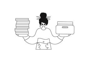 Girl has stacks of docs. Lines and image show this. vector