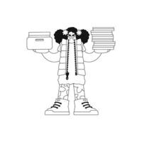 Girl holds stacks of docs. Illustration uses linear vector style.