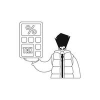 Man holds calculator. Linear style vector illustration.