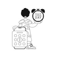 Man with calendar and alarm clock tax day. Straight line vector illustration.