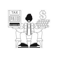 Guy holds tax return and stack of coins linear style vector illustration.