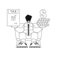 Guy holds tax return and stack of coins in hands. Linear style. Vector illustration.