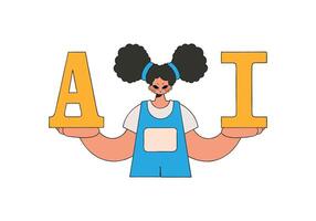 Illustration of a woman grasping the letters 'A' and 'I', conveying the idea of Artificial Intelligence. vector