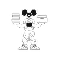 Girl piles docs in linear style. illustration. vector