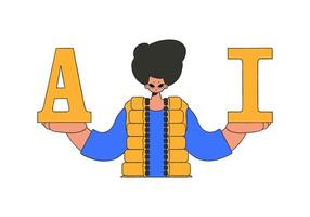 A man with the letter A and I, symbolizing artificial intelligence, is depicted in a vector illustration.