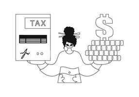 Girl holds tax return and stack of coins in hands. Illustration in vector, linear style. vector