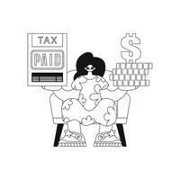 A girl has a tax form and coins in her hands. Drawn in a linear style, the vector illustration depicts the scene.