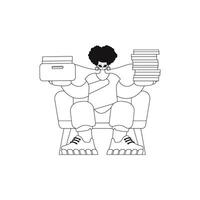 Girl holds stacks of paperwork. Linear style. image. vector