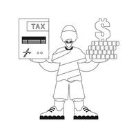 Guy holds tax return and stack of coins in hands. Linear style. Vector illustration.