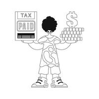 Guy holds tax return and coins in hands. Linear vector illustration.