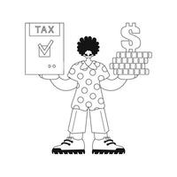 Guy holds tax return and stack of coins. linear illustration vectored. vector