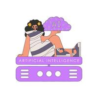 Girl grasps a robotic brainan AI illustration. vector