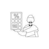 Man holds a calculator. Linear drawing. Vector illustration.