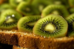 kiwi tostada, macro Disparo de un Fresco desayuno con goteo Miel, ai generado foto