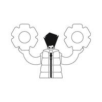 He grasps gears in his hands. Linear style. Vector illustration.
